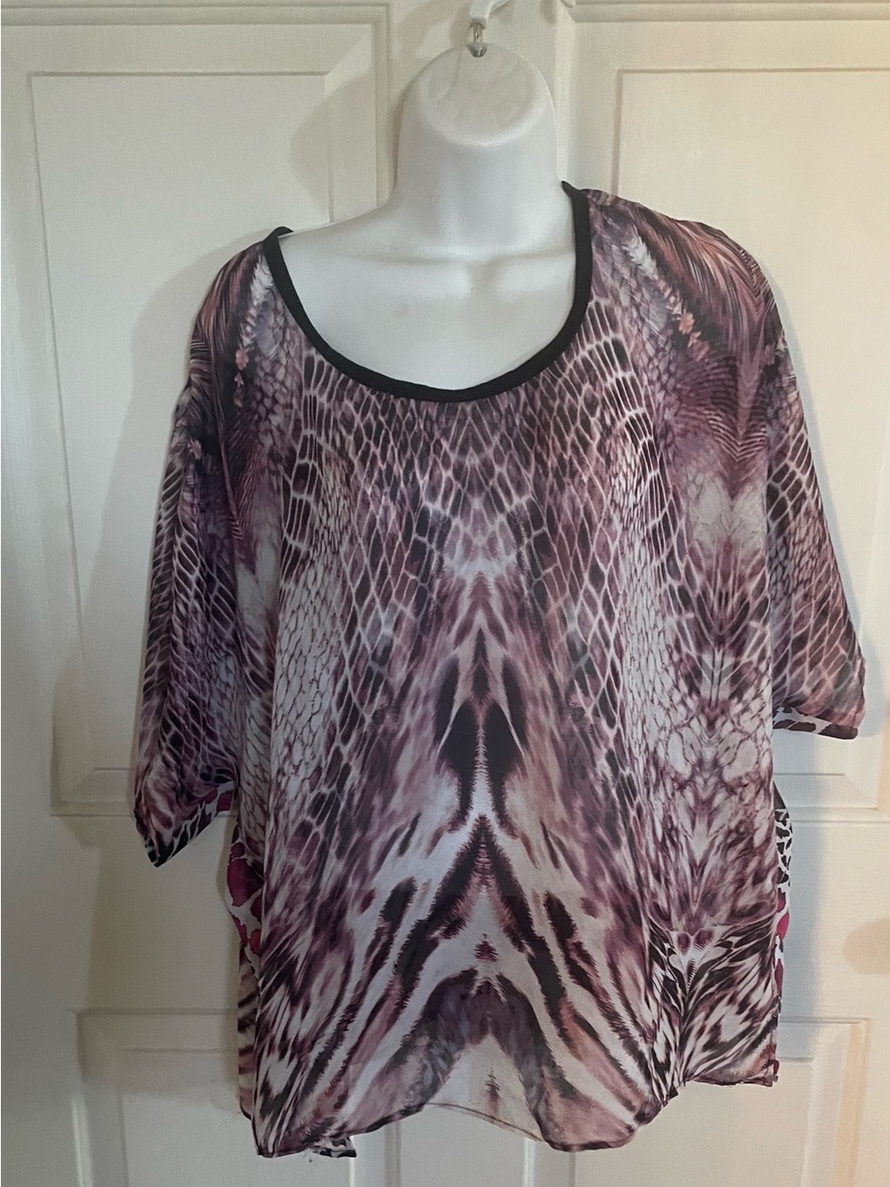 Rampage Sheer Animal-Print Blouse in Mauve and Black